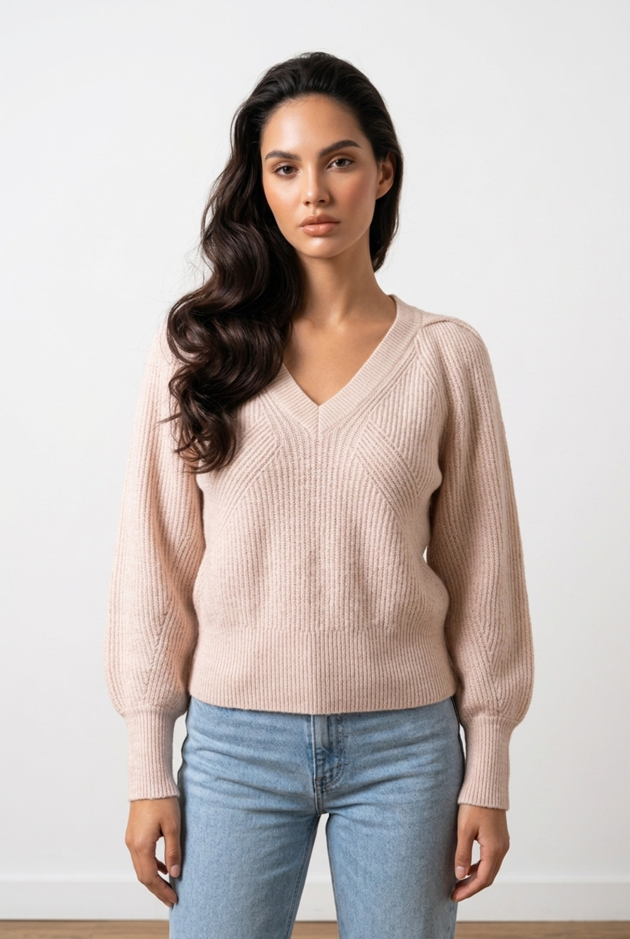 White House Black Market Blush Ribbed V-Neck Balloon Sleeve Sweater